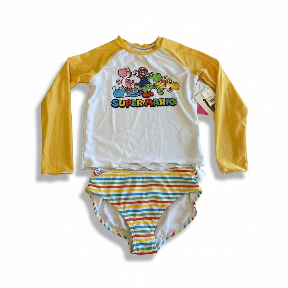 Super Mario Kids 2 Piece Swimsuit Set Yellow White Rash Guard Striped Size L